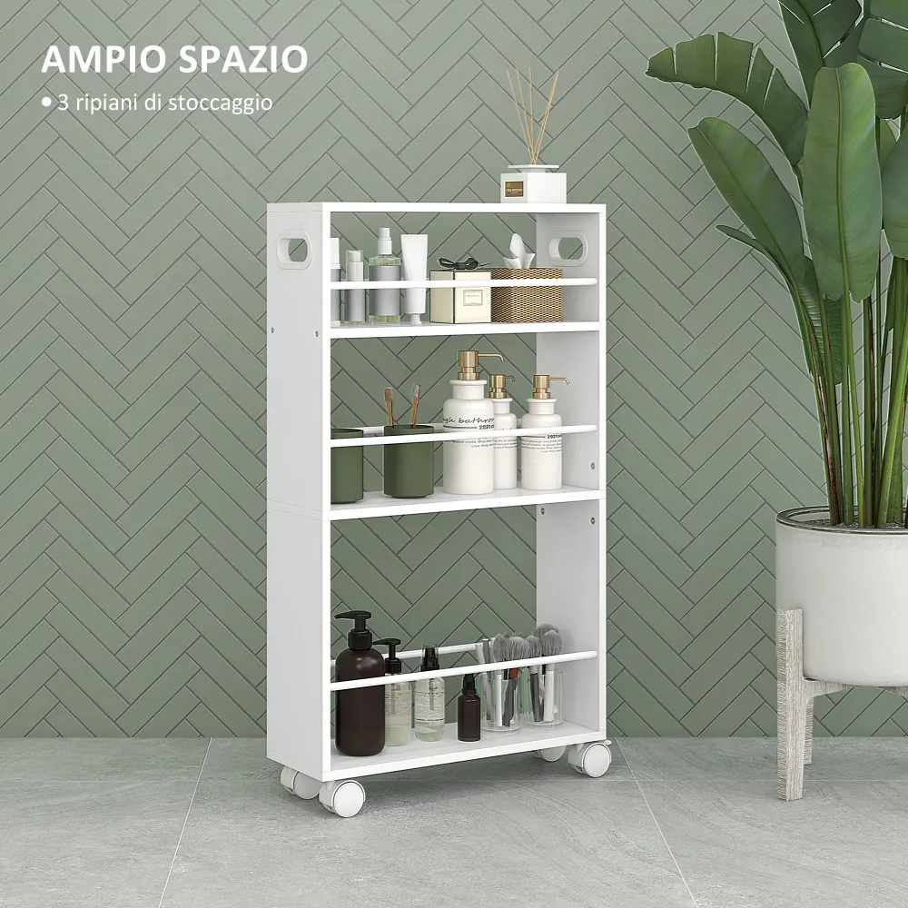 EasyComfort Carrello da Cucina e Bagno Salvaspazio 3 Livelli con Barre Laterali e Ruote con Freni, Bianco