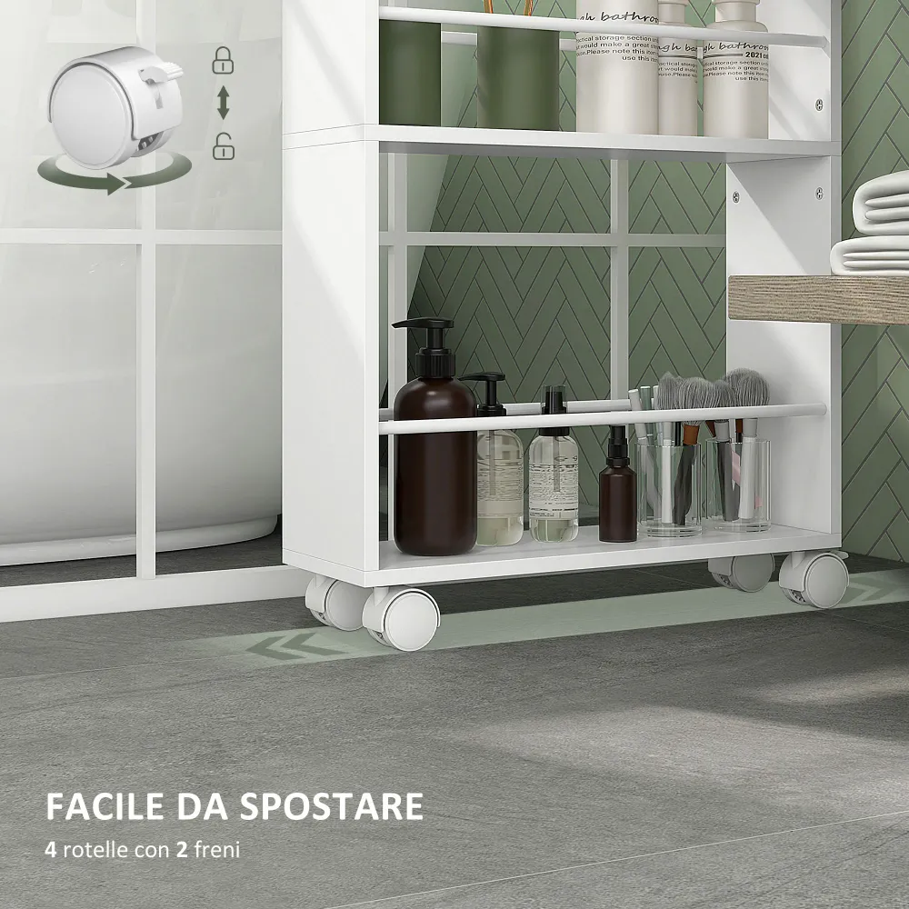 EasyComfort Carrello da Cucina e Bagno Salvaspazio 3 Livelli con Barre Laterali e Ruote con Freni, Bianco