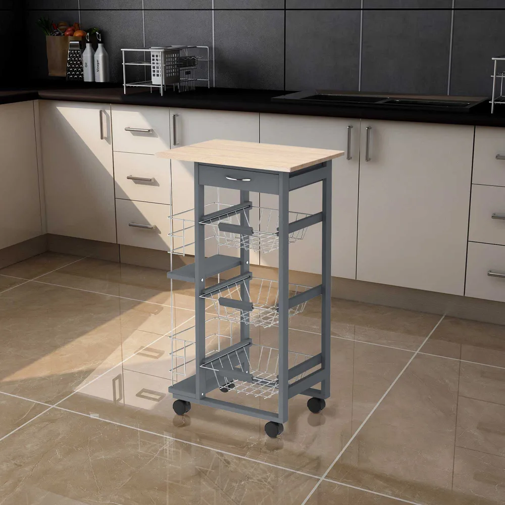 Easycomfort Carrello da Cucina con Cassetti Estraibili e 2 Portabottiglie, Legno di Pino e Metallo, 47x37x83 cm