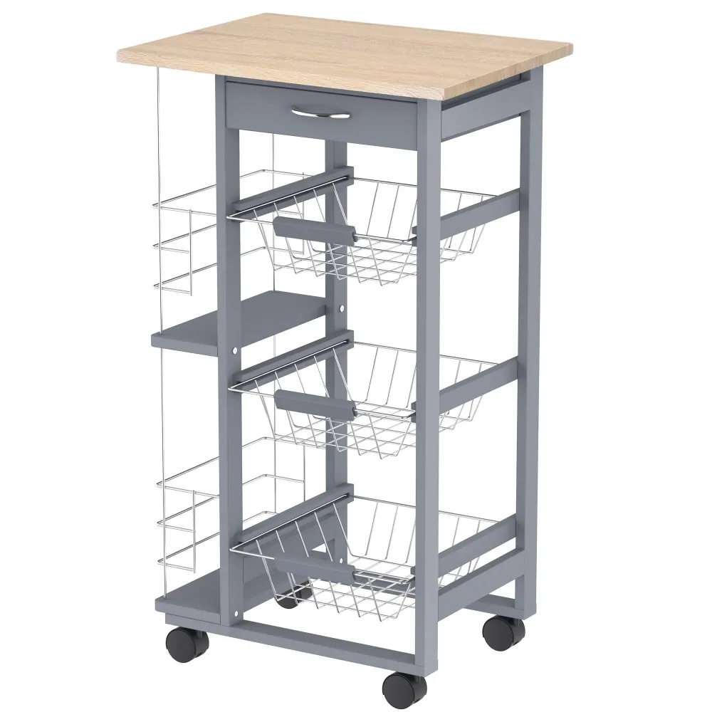 Easycomfort Carrello da Cucina con Cassetti Estraibili e 2 Portabottiglie, Legno di Pino e Metallo, 47x37x83 cm