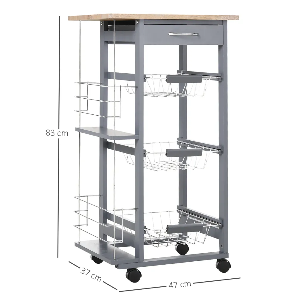 Easycomfort Carrello da Cucina con Cassetti Estraibili e 2 Portabottiglie, Legno di Pino e Metallo, 47x37x83 cm