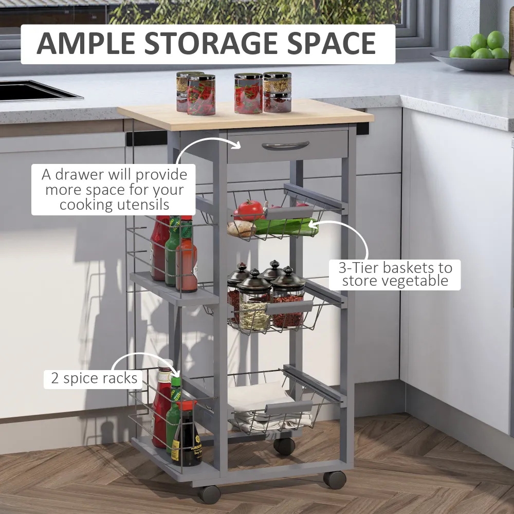Easycomfort Carrello da Cucina con Cassetti Estraibili e 2 Portabottiglie, Legno di Pino e Metallo, 47x37x83 cm