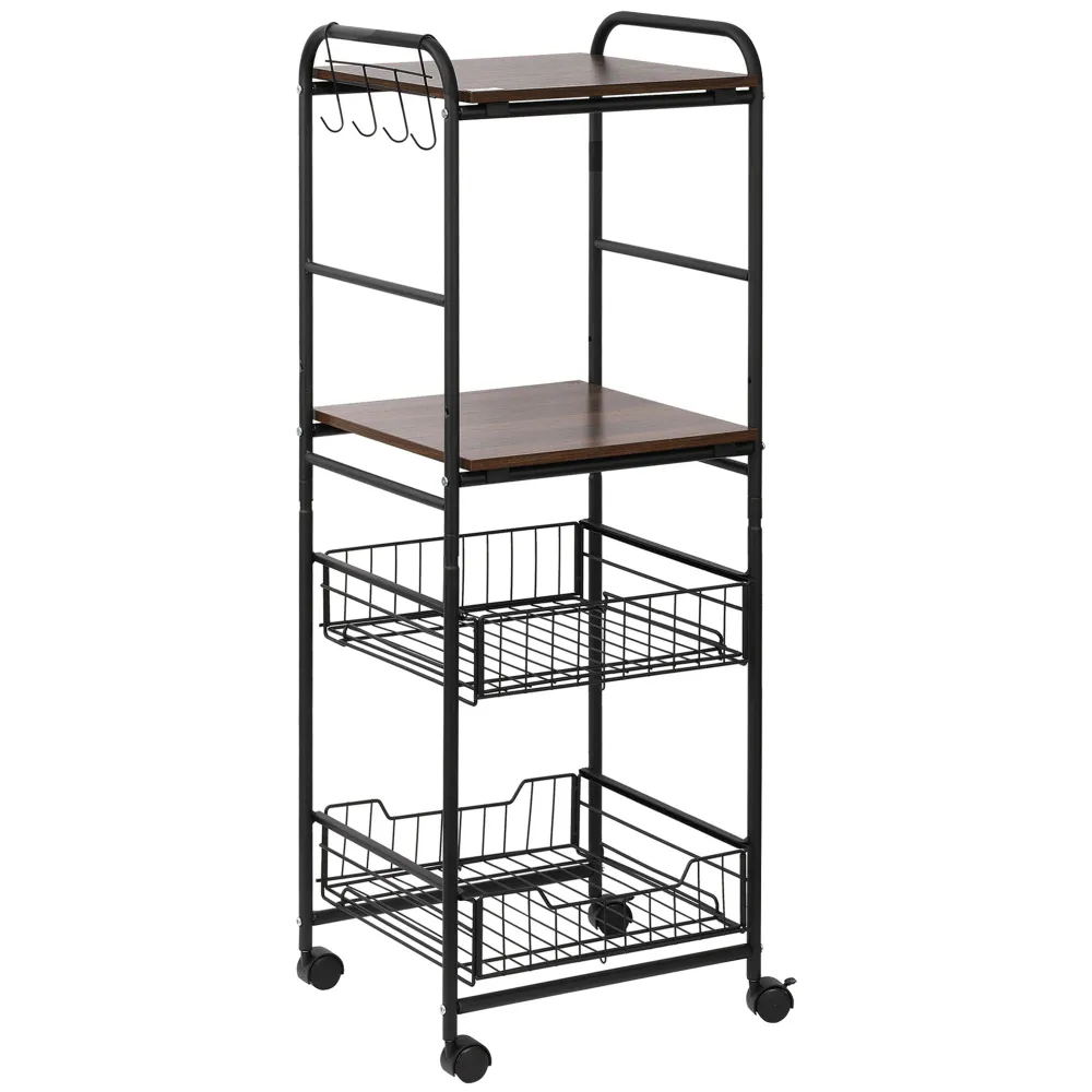 Easycomfort Carrello da Cucina con 2 Cesti estraibili Metallo, 2 ripiani Legno Truciolato e Ganci laterali, 40x38x111cm