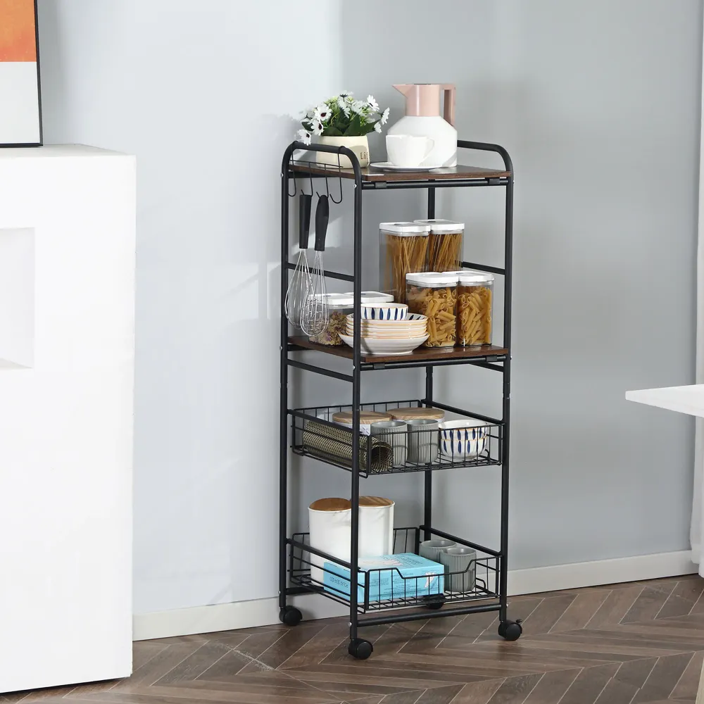 Easycomfort Carrello da Cucina con 2 Cesti estraibili Metallo, 2 ripiani Legno Truciolato e Ganci laterali, 40x38x111cm