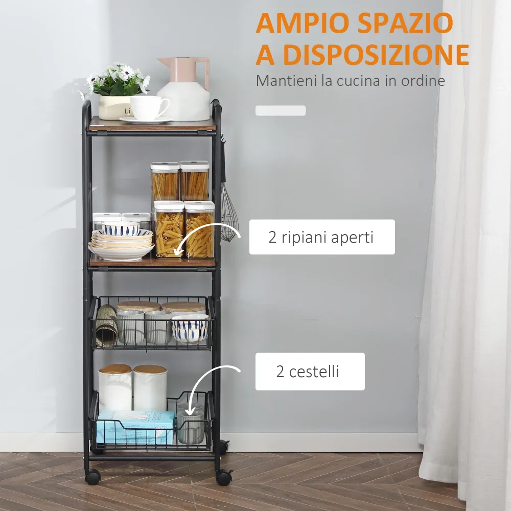 Easycomfort Carrello da Cucina con 2 Cesti estraibili Metallo, 2 ripiani Legno Truciolato e Ganci laterali, 40x38x111cm