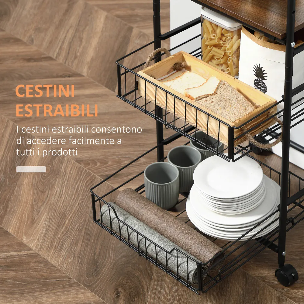 Easycomfort Carrello da Cucina con 2 Cesti estraibili Metallo, 2 ripiani Legno Truciolato e Ganci laterali, 40x38x111cm