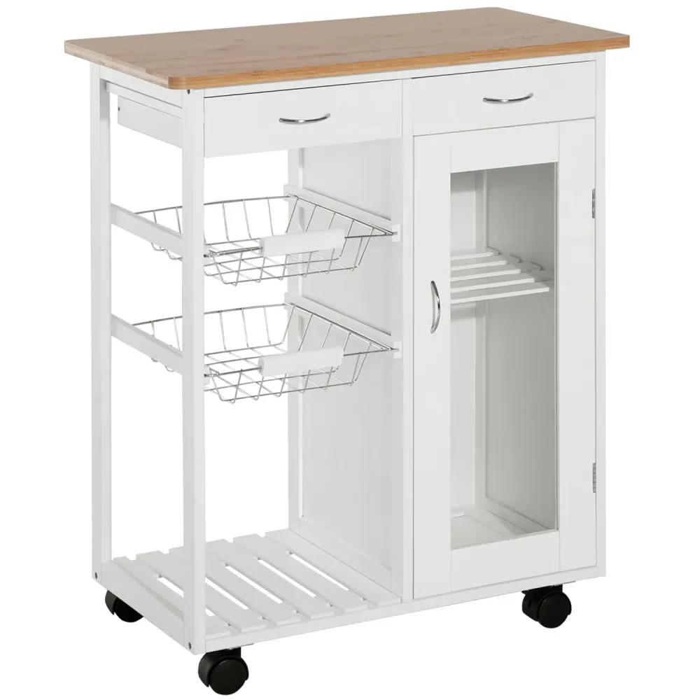 Easycomfort Carrello da Cucina con Ruote, Cassetti e 2 Cesti, Mobile da Cucina Salvaspazio Legno di Pino, Bianco, 70 x 37...