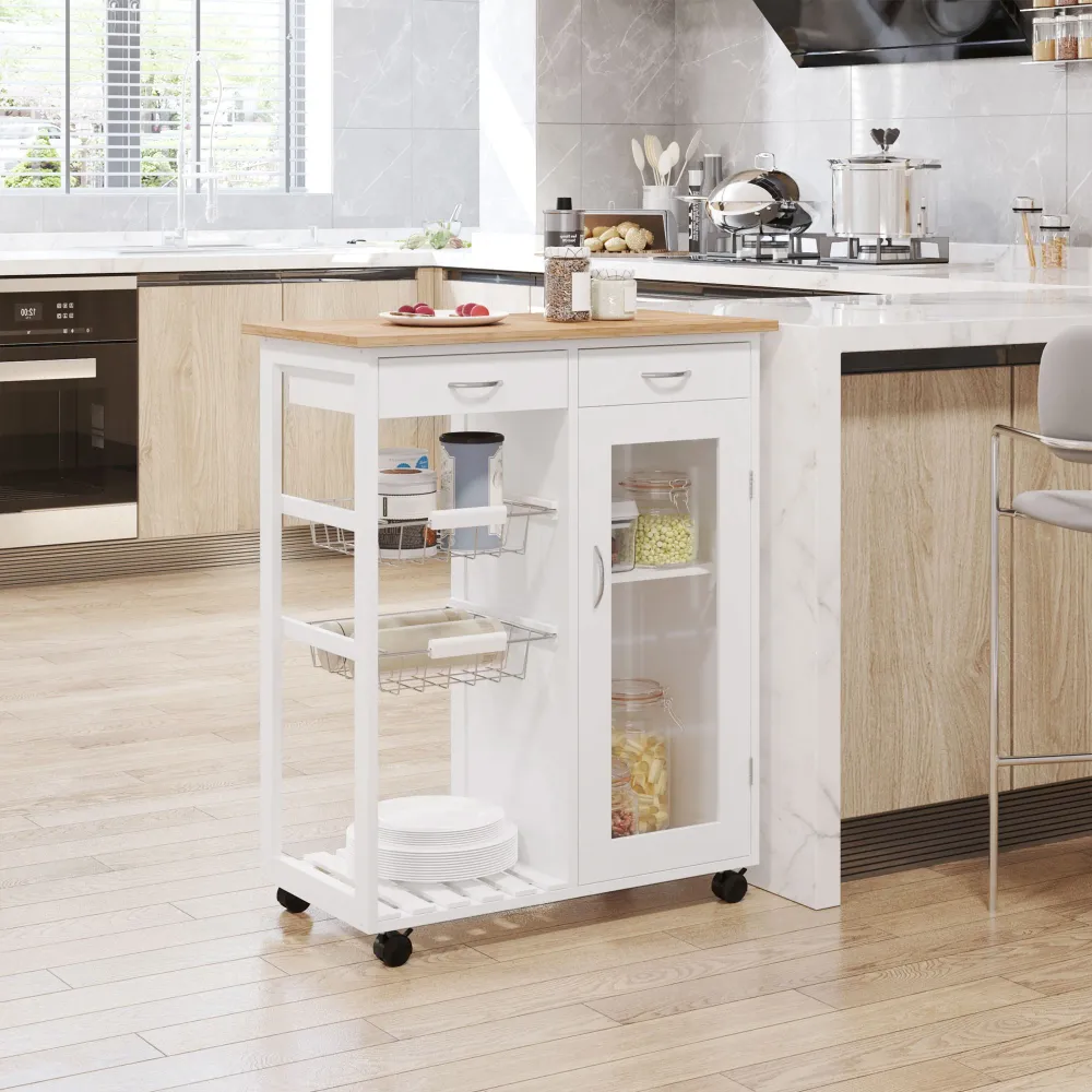 Easycomfort Carrello da Cucina con Ruote, Cassetti e 2 Cesti, Mobile da Cucina Salvaspazio Legno di Pino, Bianco, 70 x 37...