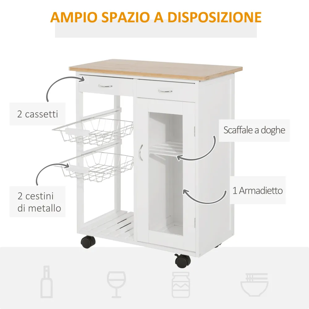 Easycomfort Carrello da Cucina con Ruote, Cassetti e 2 Cesti, Mobile da Cucina Salvaspazio Legno di Pino, Bianco, 70 x 37...