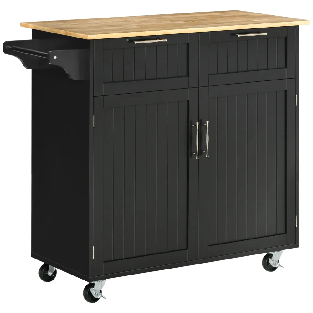 Easycomfort Carrello da Cucina Multiuso Legno con 2 Cassetti, Armadietto e 4 Ruote, 104x46x91cm, Nero