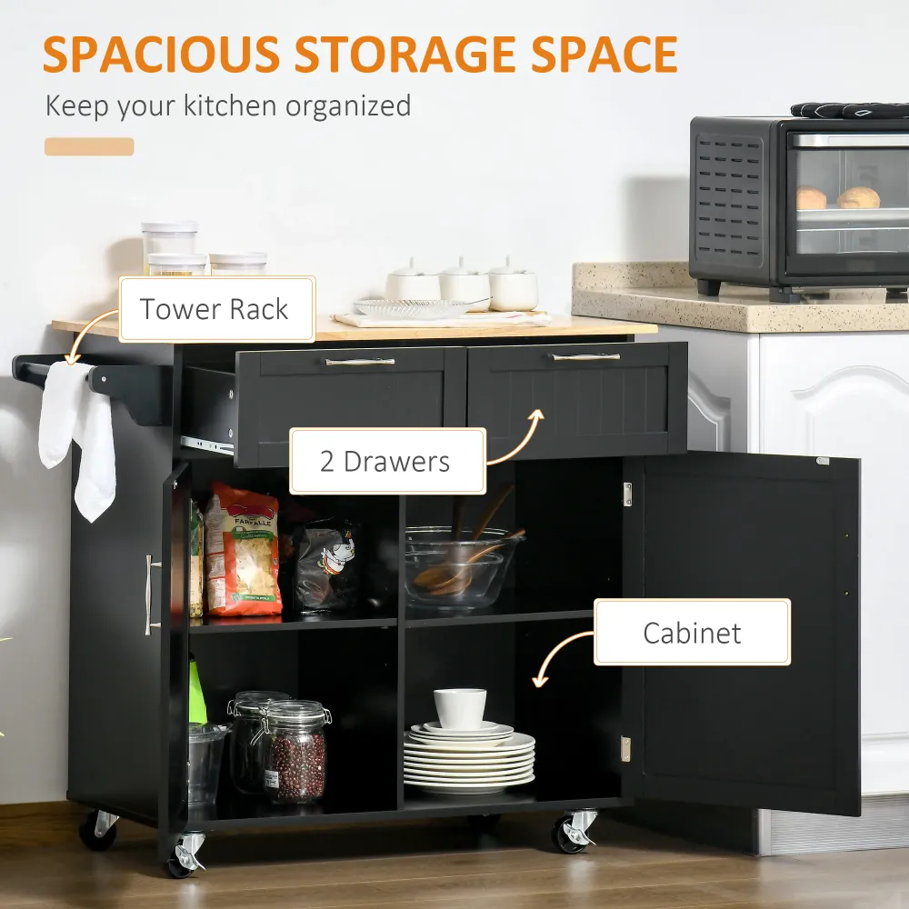 Easycomfort Carrello da Cucina Multiuso Legno con 2 Cassetti, Armadietto e 4 Ruote, 104x46x91cm, Nero