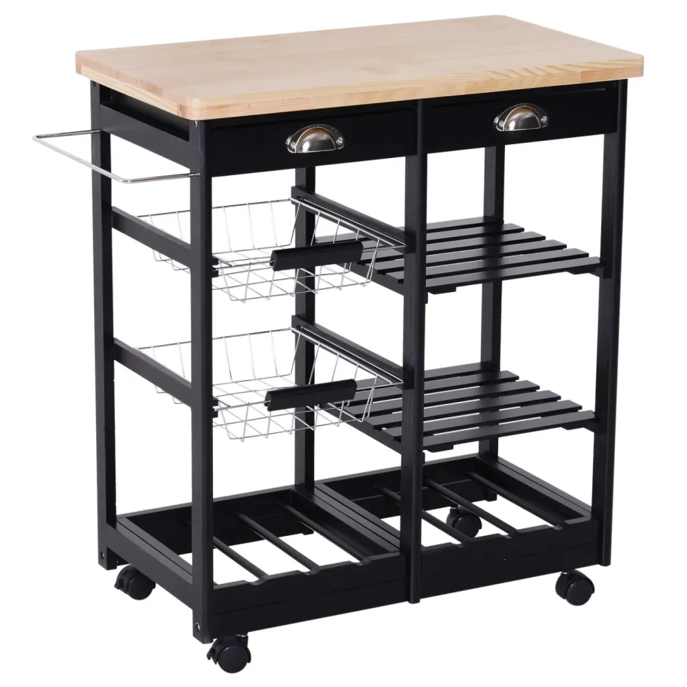 Easycomfort Carrello da Cucina Multiuso Legno di Pino 74 x 37 x 75cm Nero