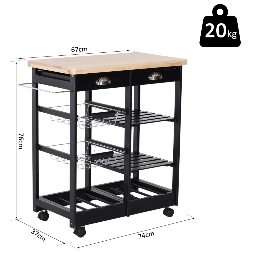 Easycomfort Carrello da Cucina Multiuso Legno di Pino 74 x 37 x 75cm Nero