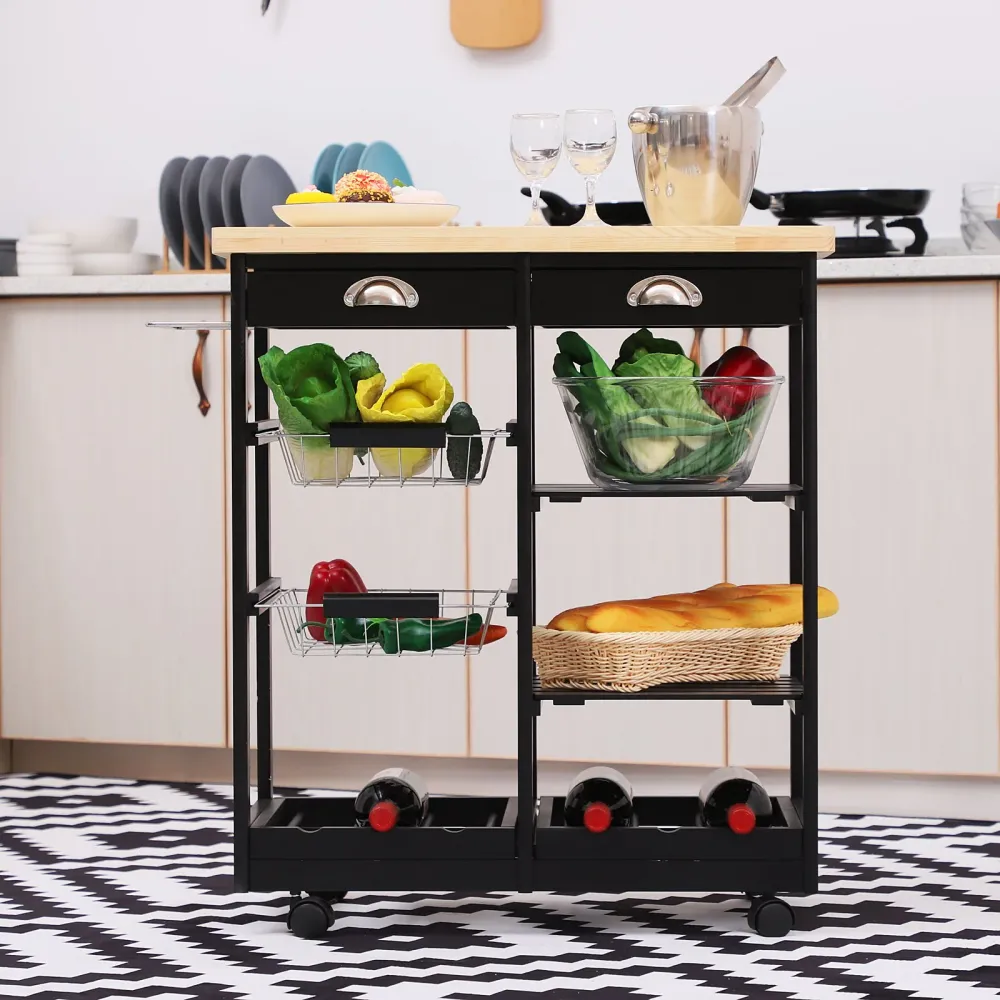 Easycomfort Carrello da Cucina Multiuso Legno di Pino 74 x 37 x 75cm Nero
