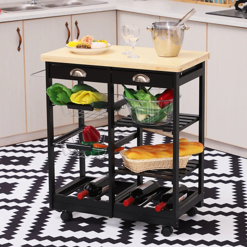 Easycomfort Carrello da Cucina Multiuso Legno di Pino 74 x 37 x 75cm Nero