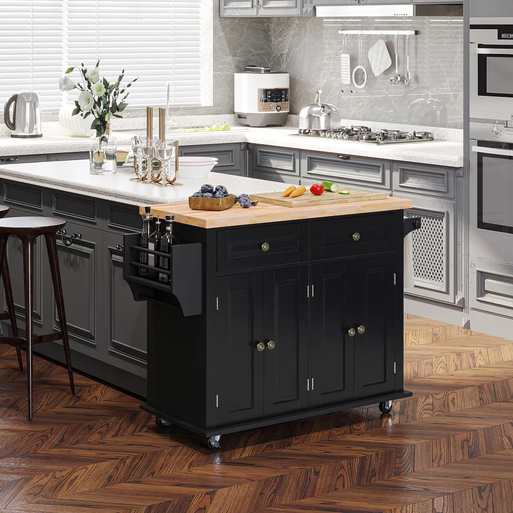 Easycomfort Carrello da Cucina Portavivande con Cassetti, Armadietti e Portaspezie, Legno e MDF, 111x44.5x82.5 cm, Nero