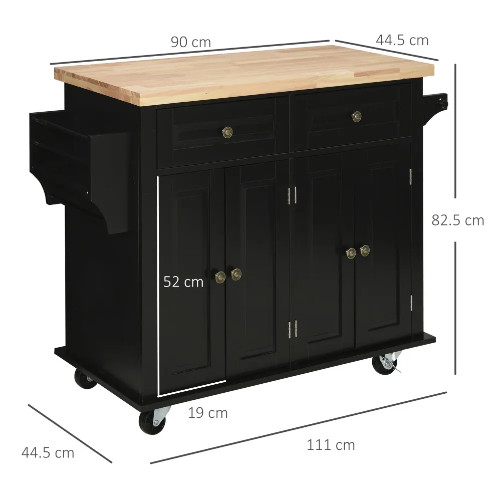 Easycomfort Carrello da Cucina Portavivande con Cassetti, Armadietti e Portaspezie, Legno e MDF, 111x44.5x82.5 cm, Nero