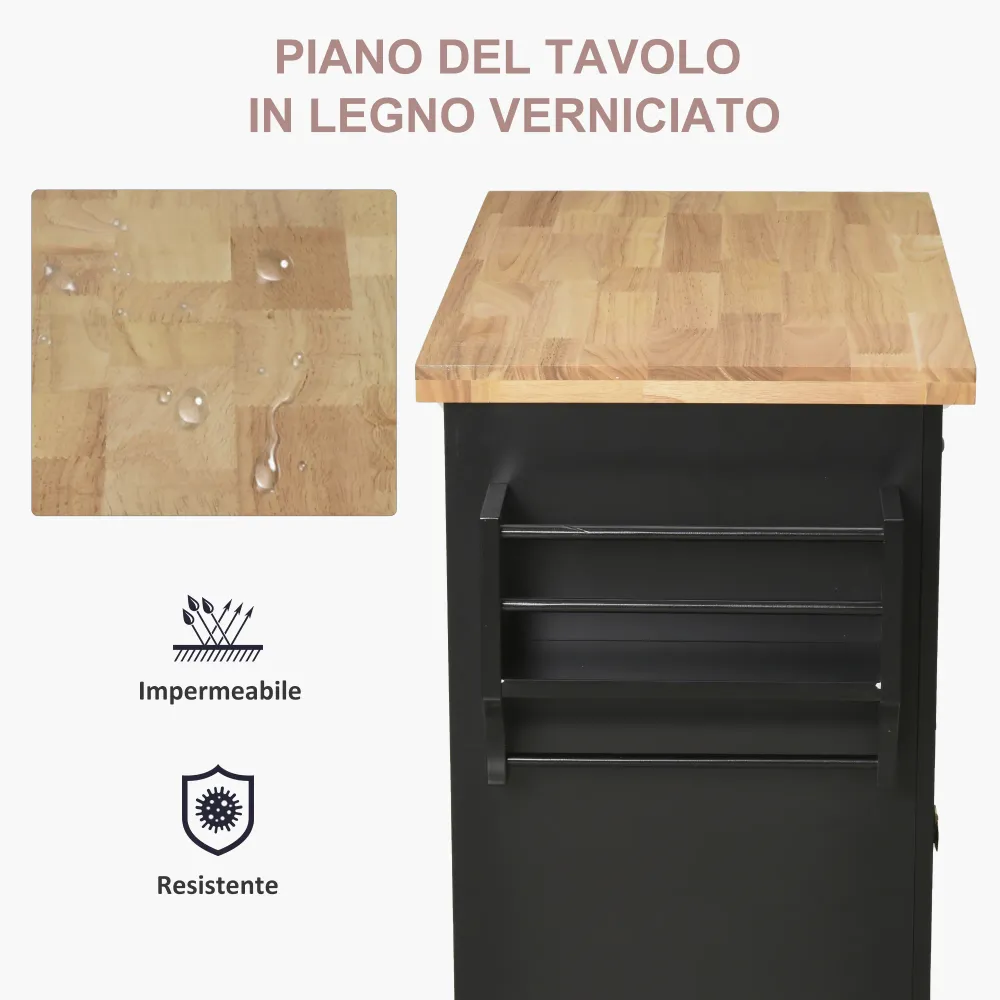 Easycomfort Carrello da Cucina Portavivande con Cassetti, Armadietti e Portaspezie, Legno e MDF, 111x44.5x82.5 cm, Nero