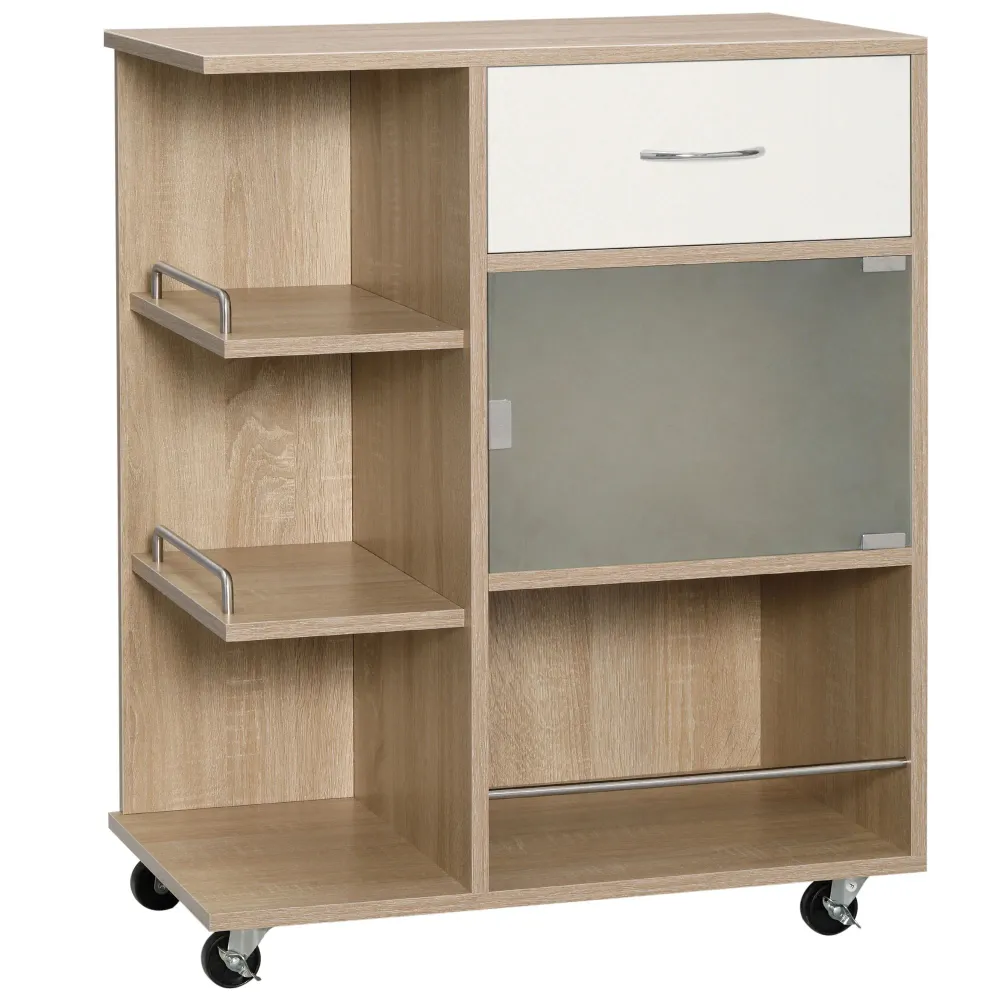 Easycomfort Carrello da Cucina Portavivande con Cassetto, Ripiani e Armadietto Legno, Acciaio e Vetro, 65x39x80cm