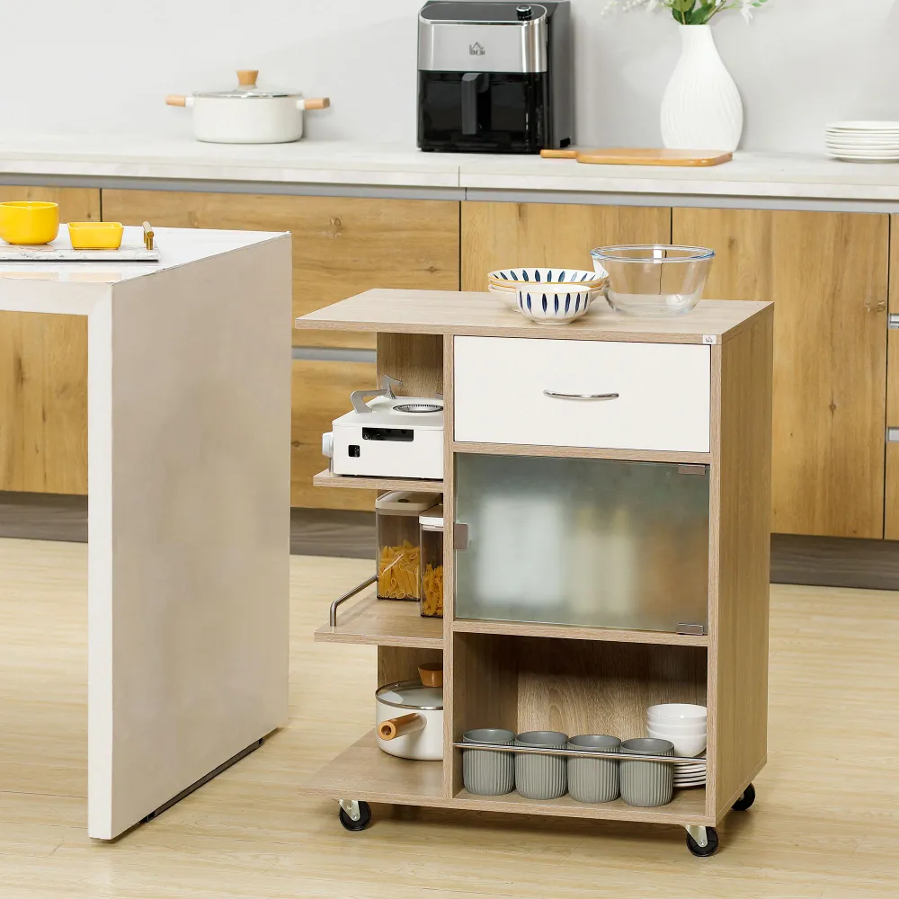 Easycomfort Carrello da Cucina Portavivande con Cassetto, Ripiani e Armadietto Legno, Acciaio e Vetro, 65x39x80cm