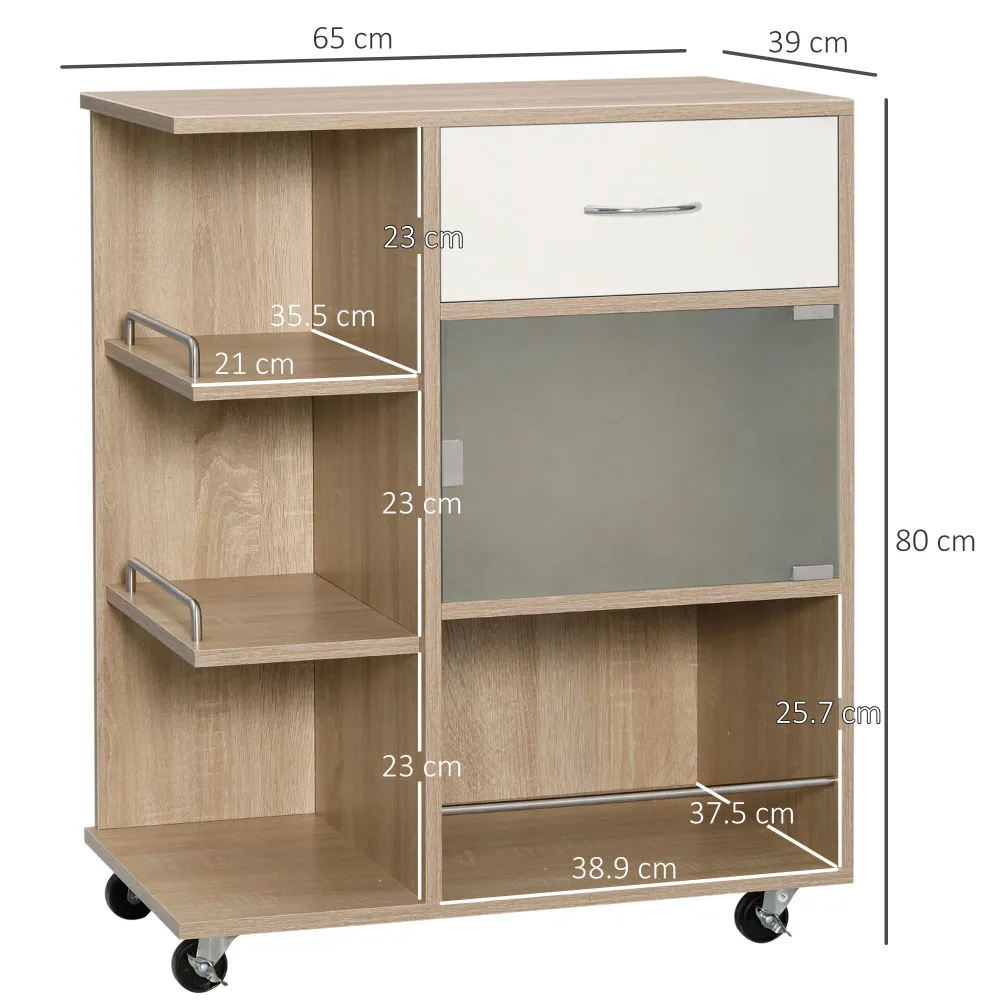 Easycomfort Carrello da Cucina Portavivande con Cassetto, Ripiani e Armadietto Legno, Acciaio e Vetro, 65x39x80cm
