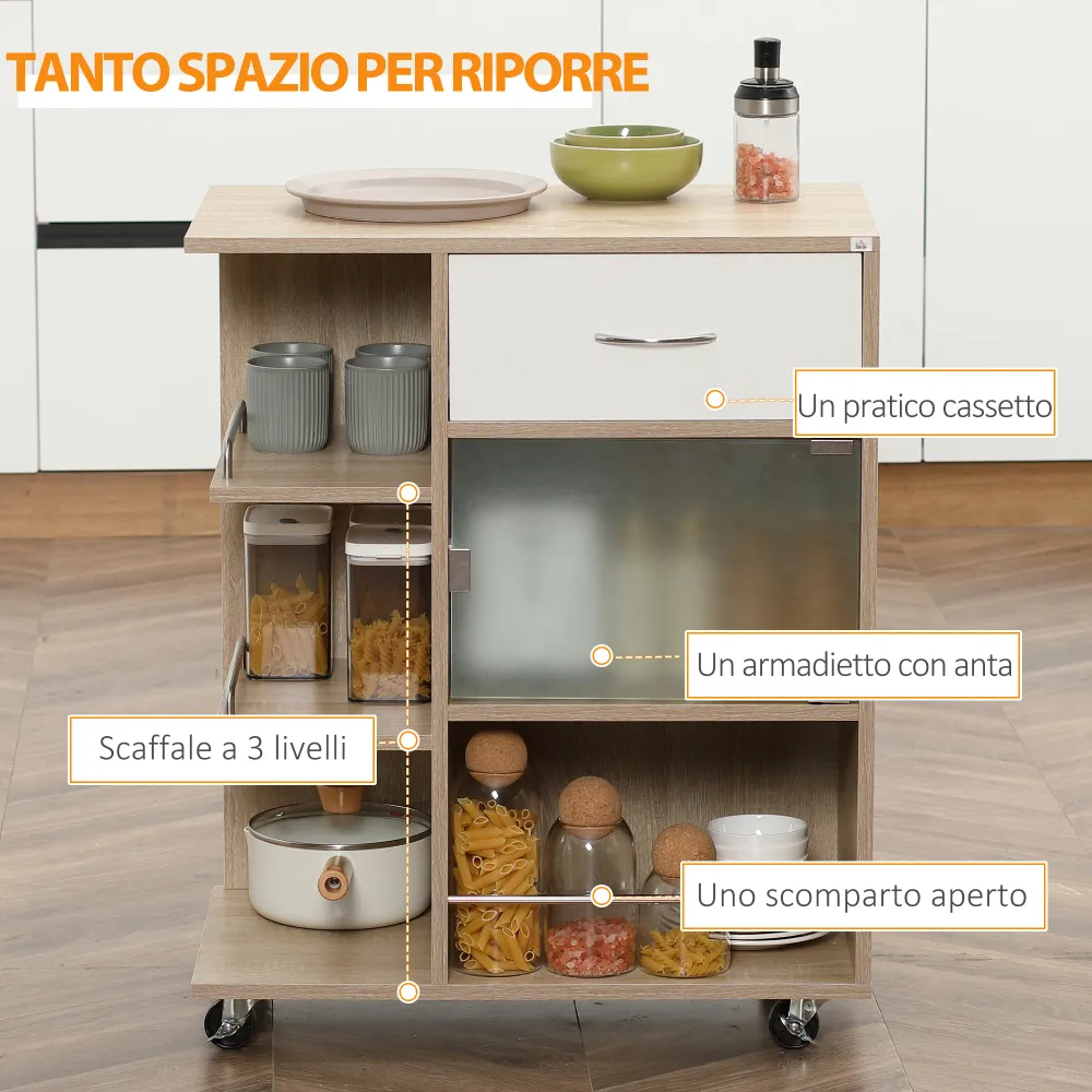 Easycomfort Carrello da Cucina Portavivande con Cassetto, Ripiani e Armadietto Legno, Acciaio e Vetro, 65x39x80cm