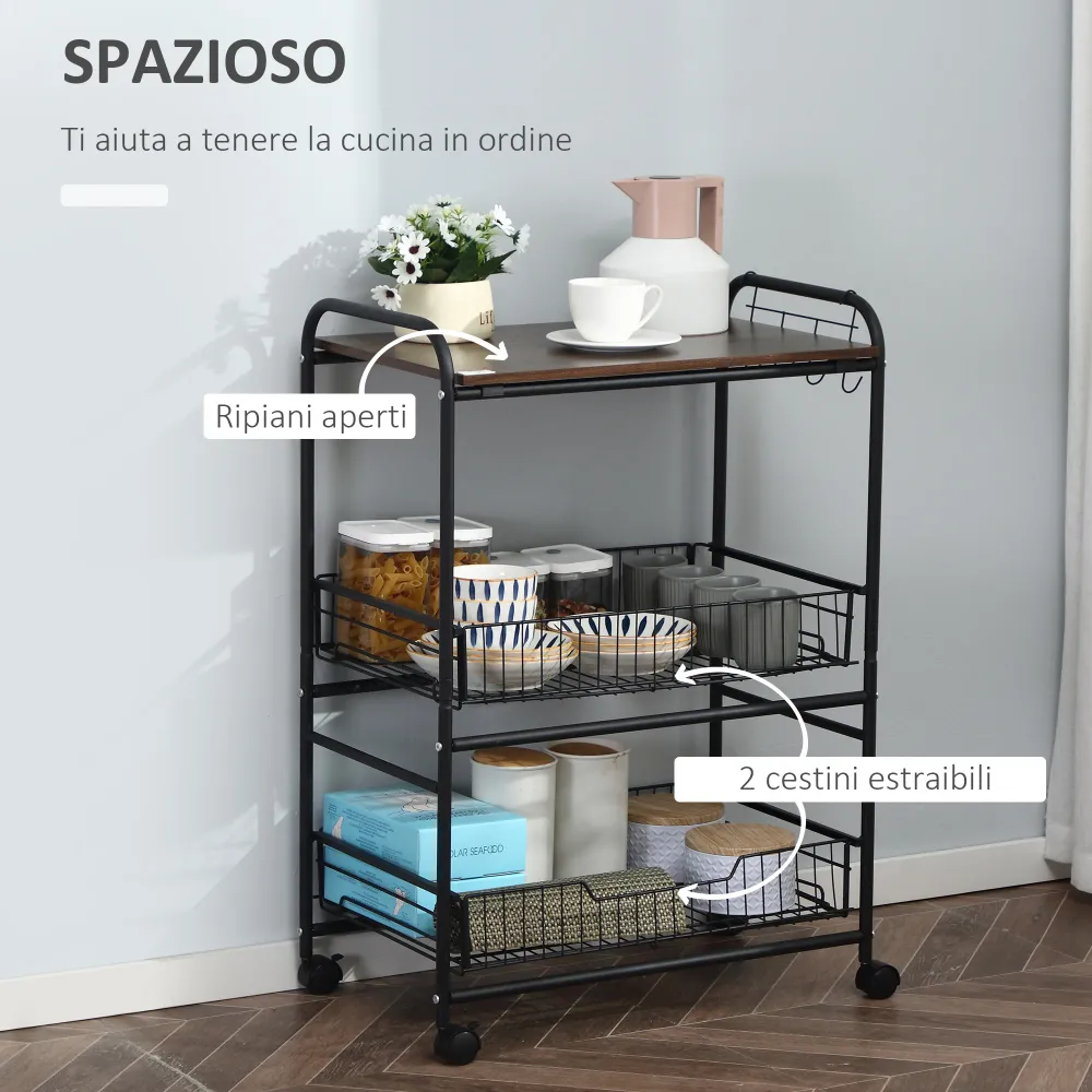 Easycomfort Carrello da Cucina Portavivande Stile Industriale con 4 Ruote, 2 Cestini e 4 Ganci, 60x38x85.5cm, Marrone Nero