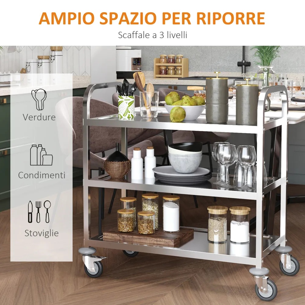 Easycomfort Carrello da Cucina 3 Ripiani Aperti 4 Ruote Omnidirezionali con 2 Freni Cuscinetti Anti-Collisione Acciaio Ino...