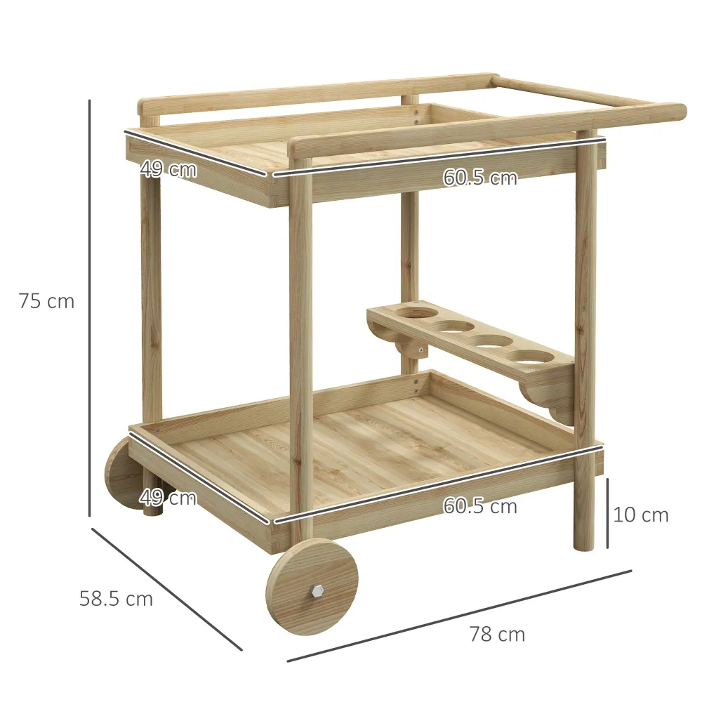 EasyComfort Carrello da Giardino 2 Ripiani e 4 Spazi Portabottiglie, Legno di Abete, 78x58.5x75 cm