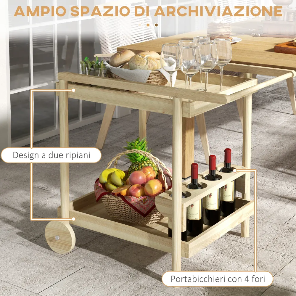 EasyComfort Carrello da Giardino 2 Ripiani e 4 Spazi Portabottiglie, Legno di Abete, 78x58.5x75 cm