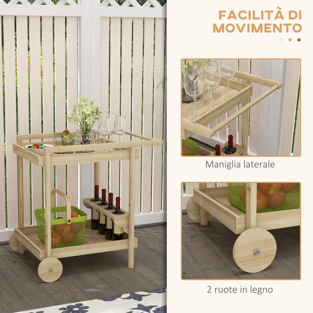 EasyComfort Carrello da Giardino 2 Ripiani e 4 Spazi Portabottiglie, Legno di Abete, 78x58.5x75 cm