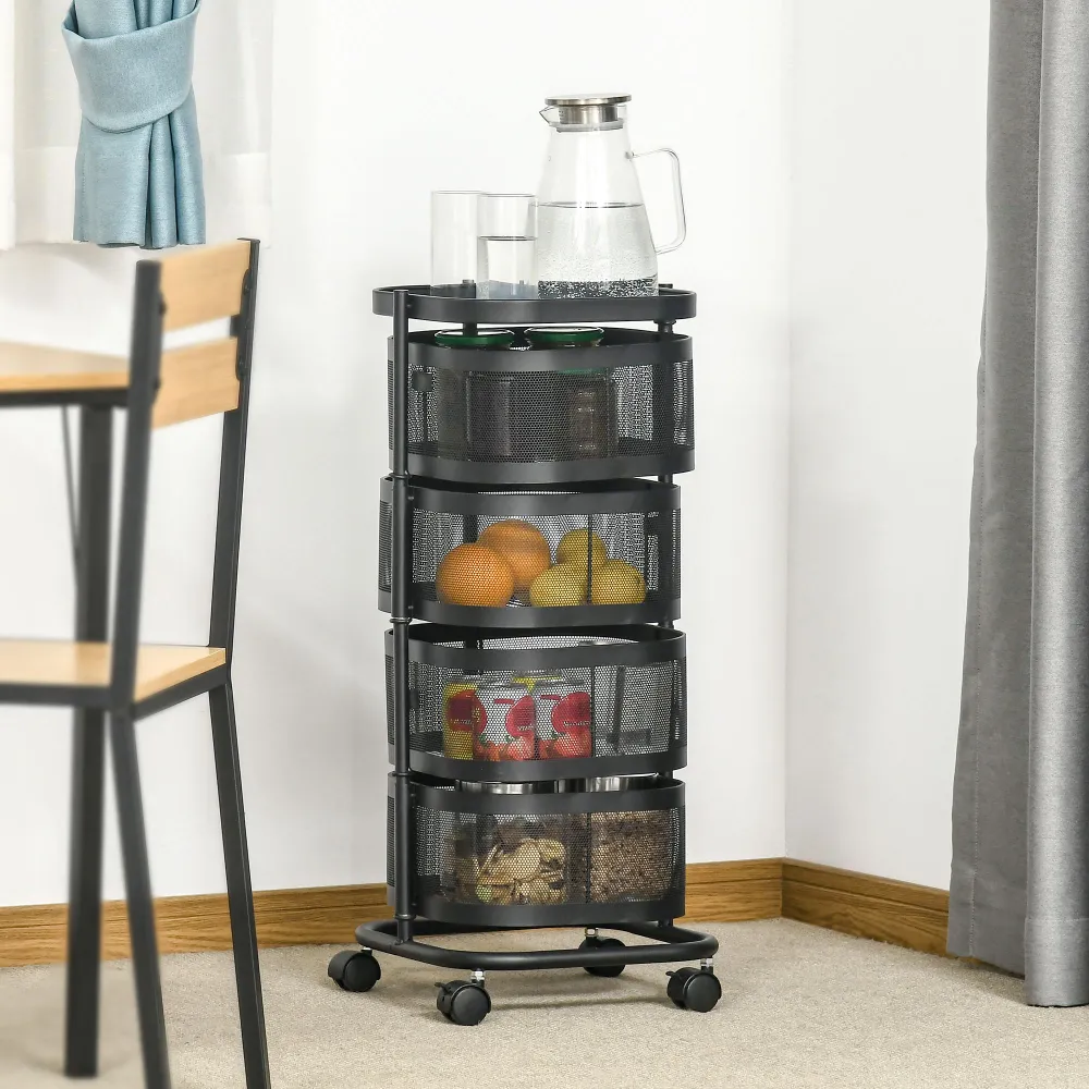 Easycomfort Carrello Portavivande con 4 Cestelli, Piano d'Appoggio e Ruote, Acciaio e PP, 33x33x77 cm