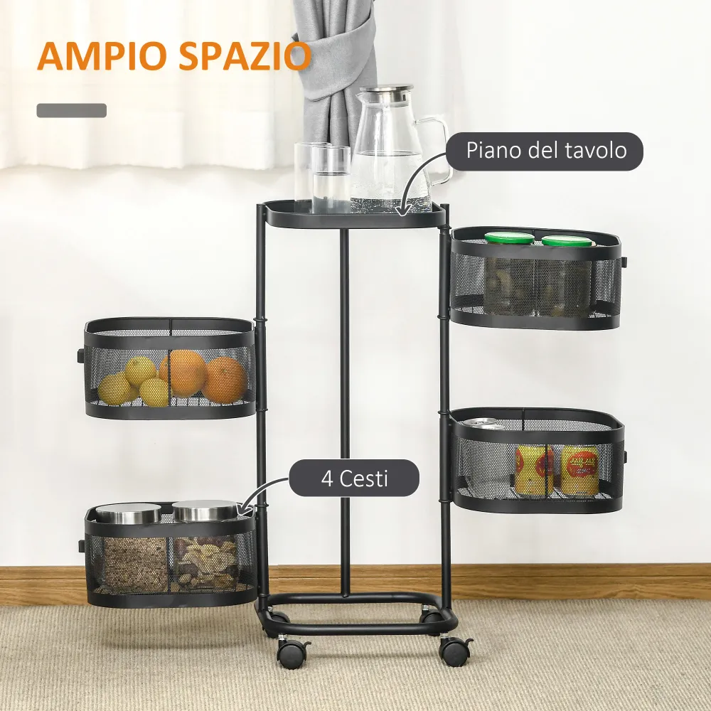 Easycomfort Carrello Portavivande con 4 Cestelli, Piano d'Appoggio e Ruote, Acciaio e PP, 33x33x77 cm