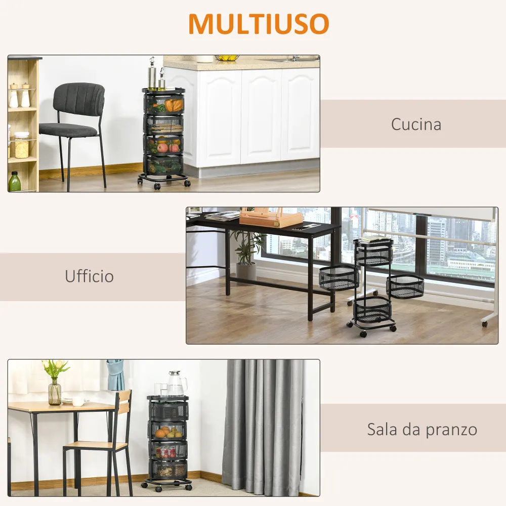 Easycomfort Carrello Portavivande con 4 Cestelli, Piano d'Appoggio e Ruote, Acciaio e PP, 33x33x77 cm