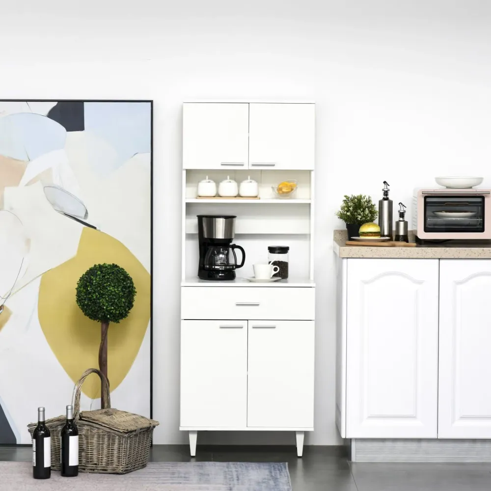 Easycomfort Credenza Alta da Cucina, Madia Classica Bianca Legno con 2 Armadietti e 1 Mensola, Bianco, 60x40x160cm