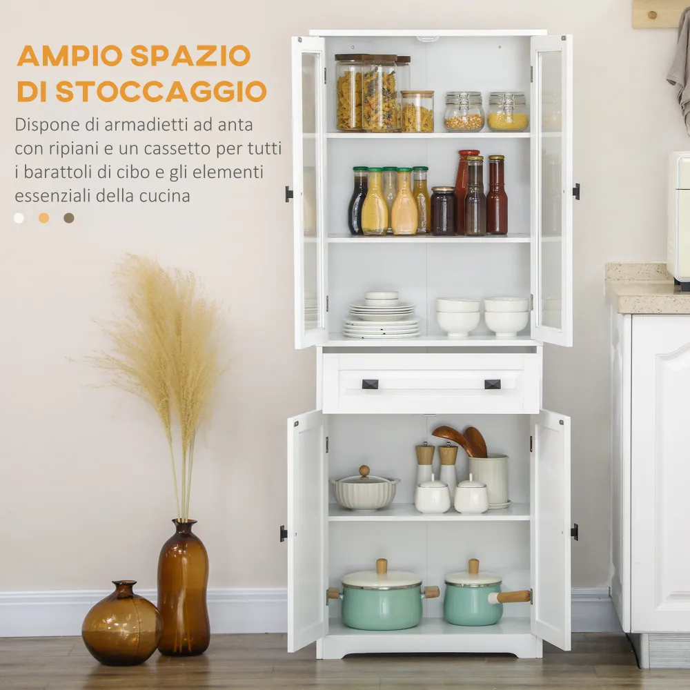 EasyComfort Credenza da Cucina Alta con 2 Armadietti e Cassetto, Ante Vetri e Ripiani Regolabili, 60x30x160cm, Bianco