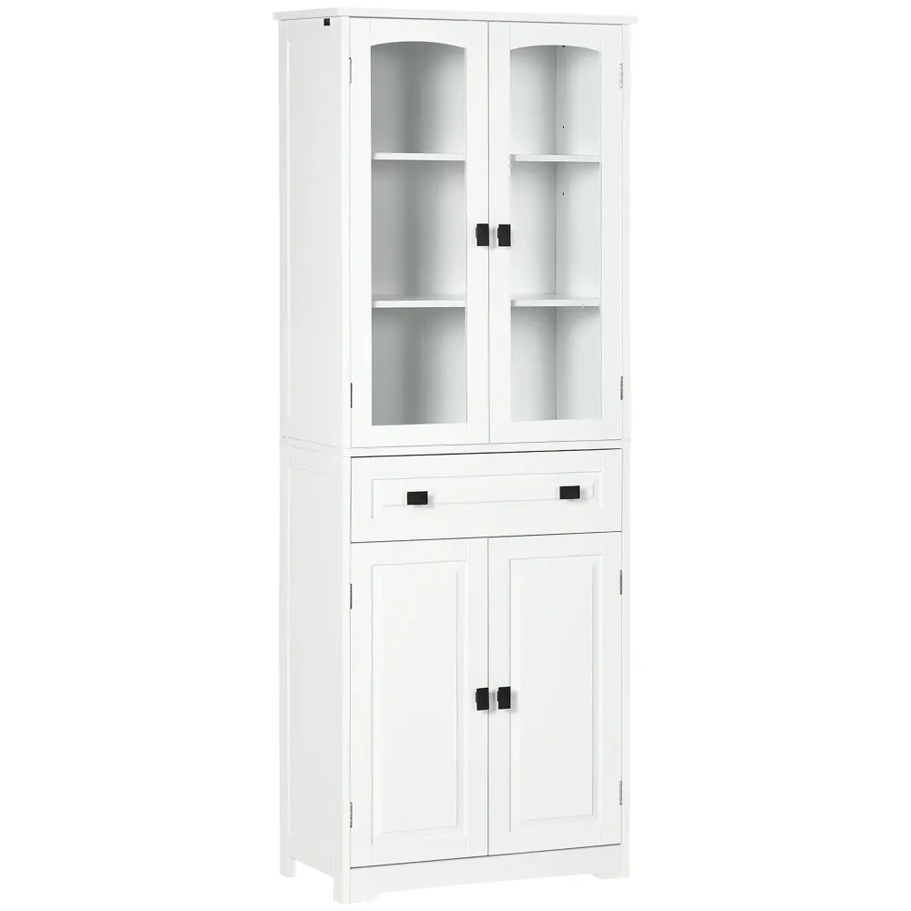 EasyComfort Credenza da Cucina Alta con 2 Armadietti e Cassetto, Ante Vetri e Ripiani Regolabili, 60x30x160cm, Bianco