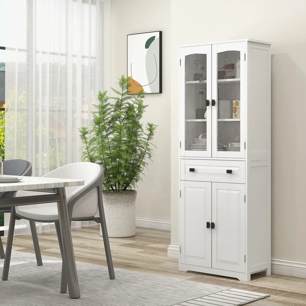 EasyComfort Credenza da Cucina Alta con 2 Armadietti e Cassetto, Ante Vetri e Ripiani Regolabili, 60x30x160cm, Bianco