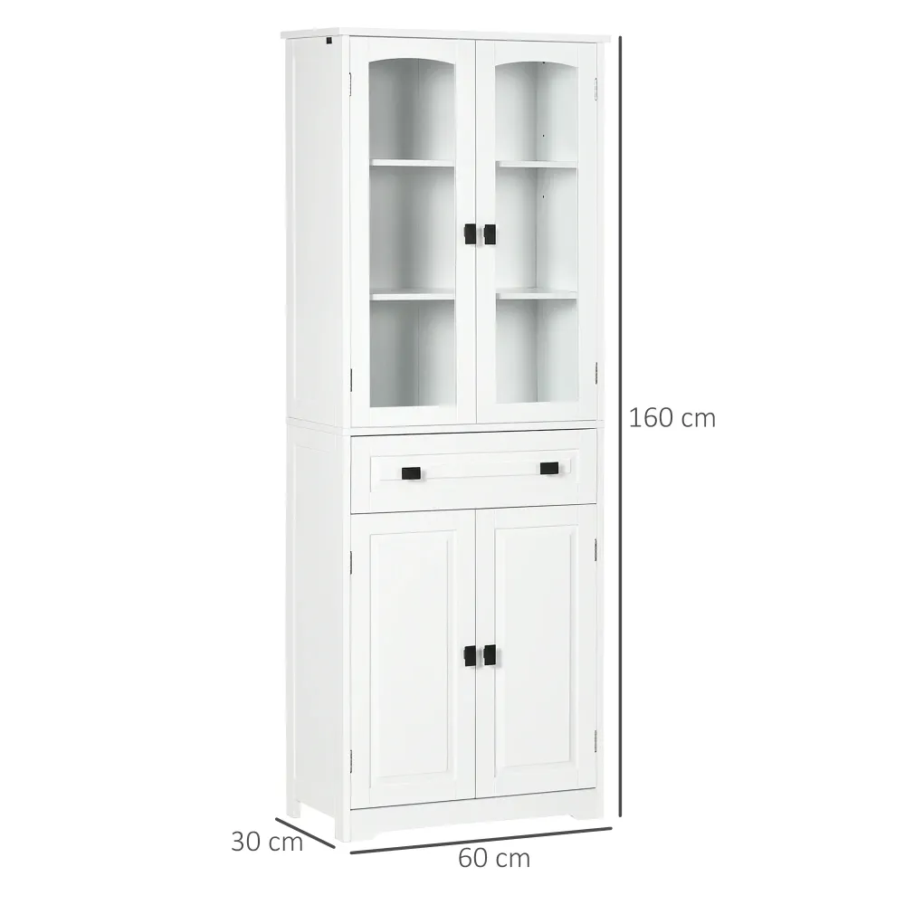 EasyComfort Credenza da Cucina Alta con 2 Armadietti e Cassetto, Ante Vetri e Ripiani Regolabili, 60x30x160cm, Bianco