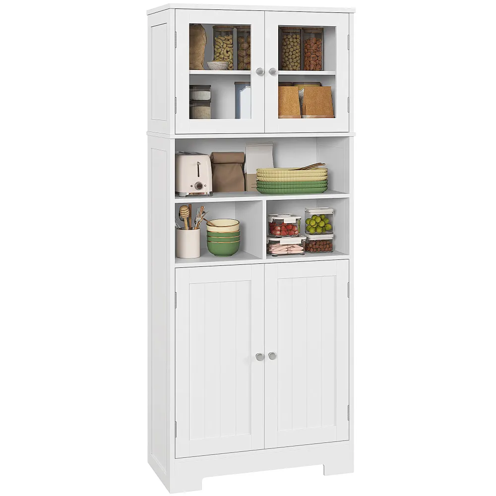 EasyComfort Credenza Cucina con 2 Armadietti e 3 Vani Aperti, Ante Vetro e Ripiani Regolabili, 60x30x145.5 cm, Bianco