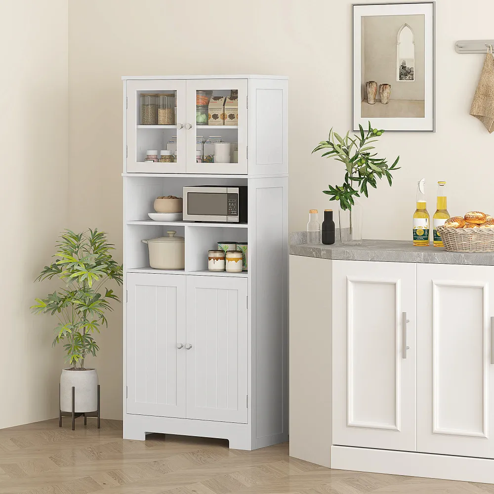 EasyComfort Credenza Cucina con 2 Armadietti e 3 Vani Aperti, Ante Vetro e Ripiani Regolabili, 60x30x145.5 cm, Bianco