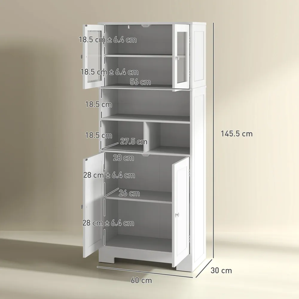 EasyComfort Credenza Cucina con 2 Armadietti e 3 Vani Aperti, Ante Vetro e Ripiani Regolabili, 60x30x145.5 cm, Bianco
