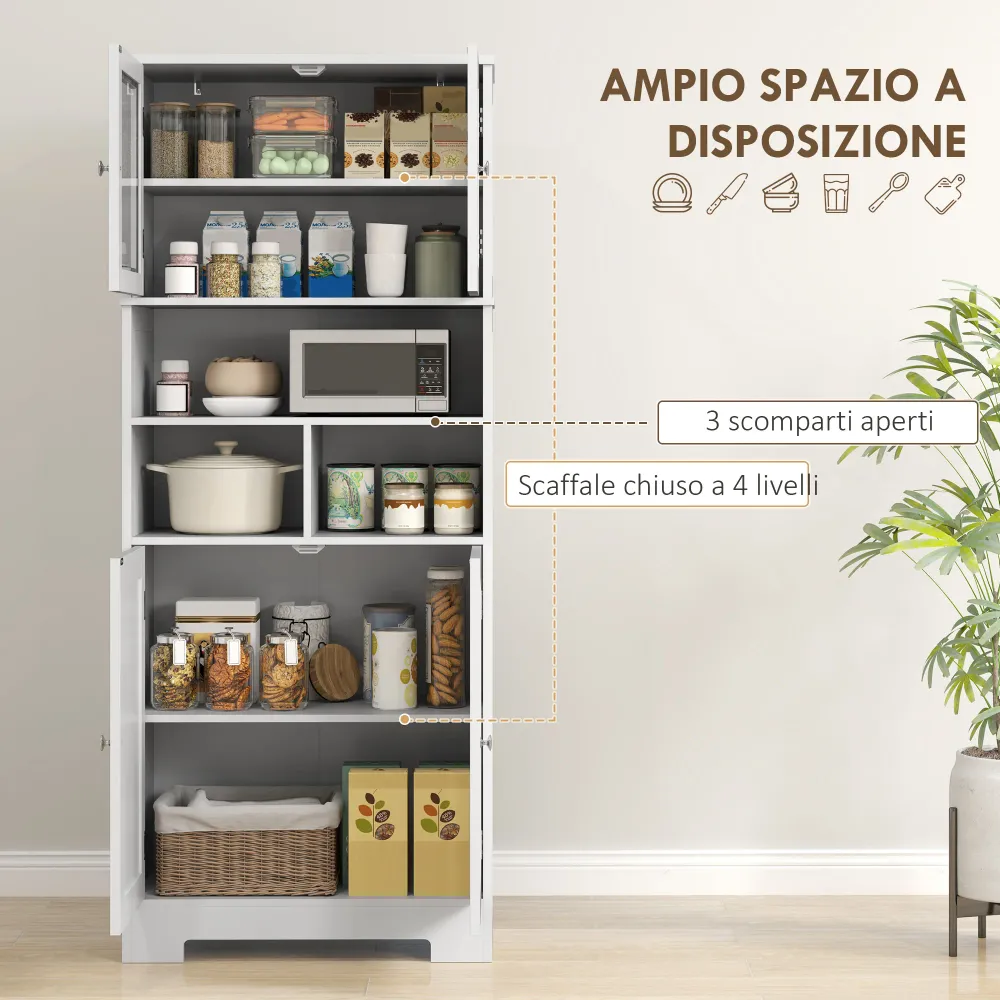 EasyComfort Credenza Cucina con 2 Armadietti e 3 Vani Aperti, Ante Vetro e Ripiani Regolabili, 60x30x145.5 cm, Bianco