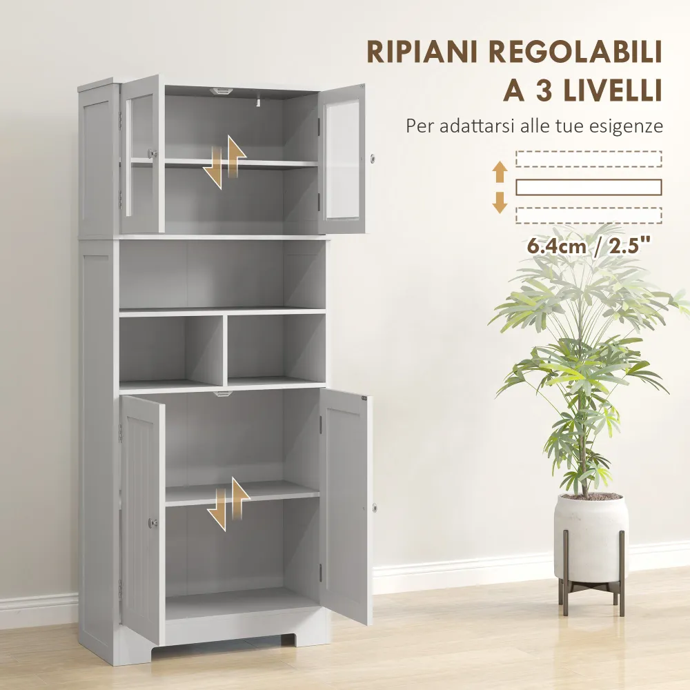 EasyComfort Credenza Cucina con 2 Armadietti e 3 Vani Aperti, Ante Vetro e Ripiani Regolabili, 60x30x145.5 cm, Bianco