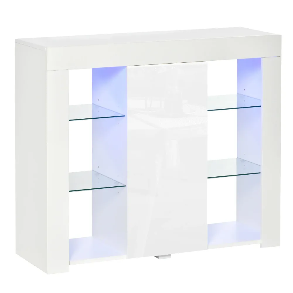Easycomfort Credenza Moderna Anta con Luci LED e Mensole Vetro, Mobile Multiuso Legno con Finitura Lucida, 97x35x83cm, Bianco