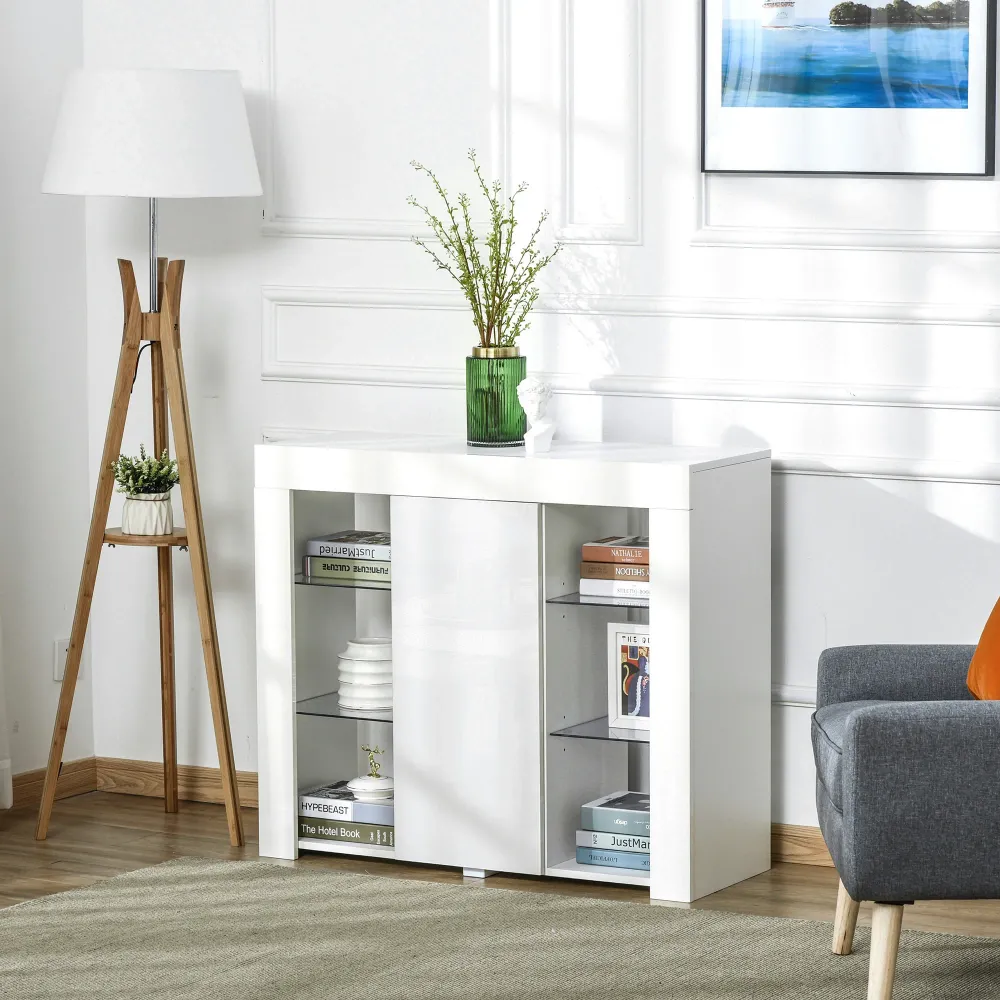 Easycomfort Credenza Moderna Anta con Luci LED e Mensole Vetro, Mobile Multiuso Legno con Finitura Lucida, 97x35x83cm, Bianco