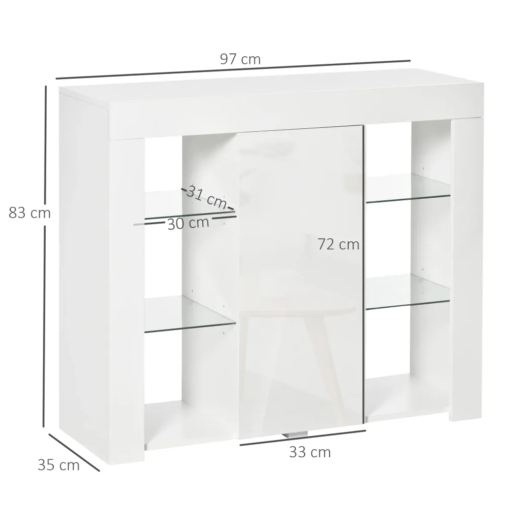 Easycomfort Credenza Moderna Anta con Luci LED e Mensole Vetro, Mobile Multiuso Legno con Finitura Lucida, 97x35x83cm, Bianco