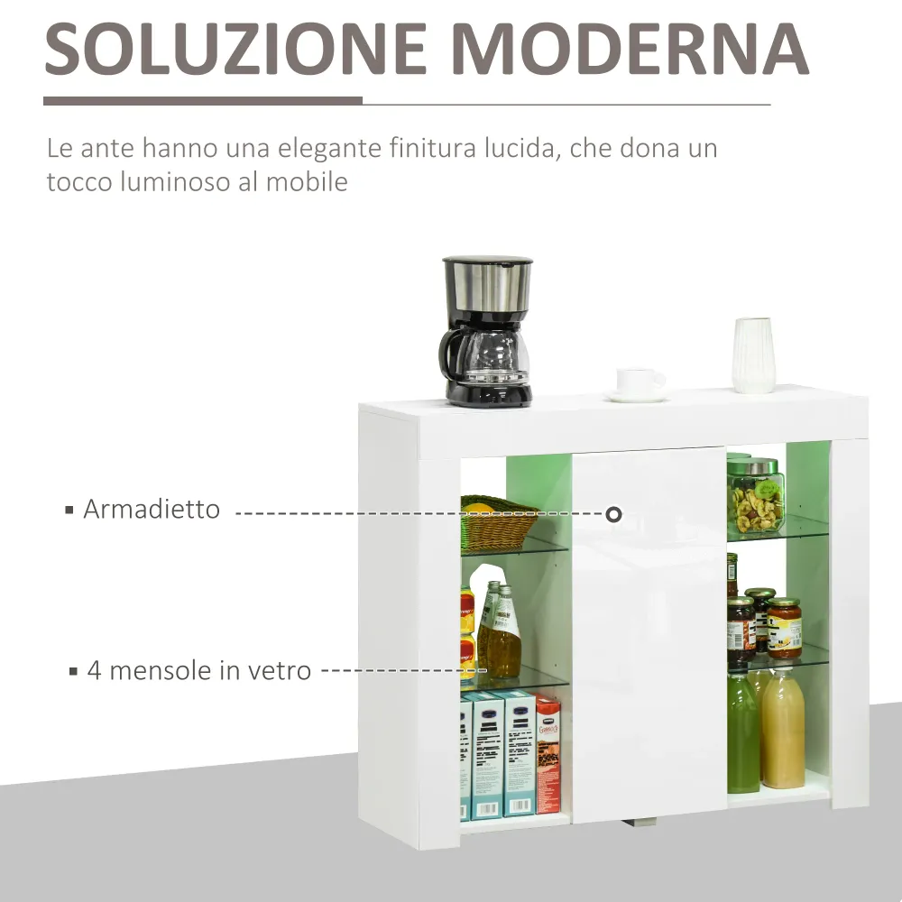 Easycomfort Credenza Moderna Anta con Luci LED e Mensole Vetro, Mobile Multiuso Legno con Finitura Lucida, 97x35x83cm, Bianco