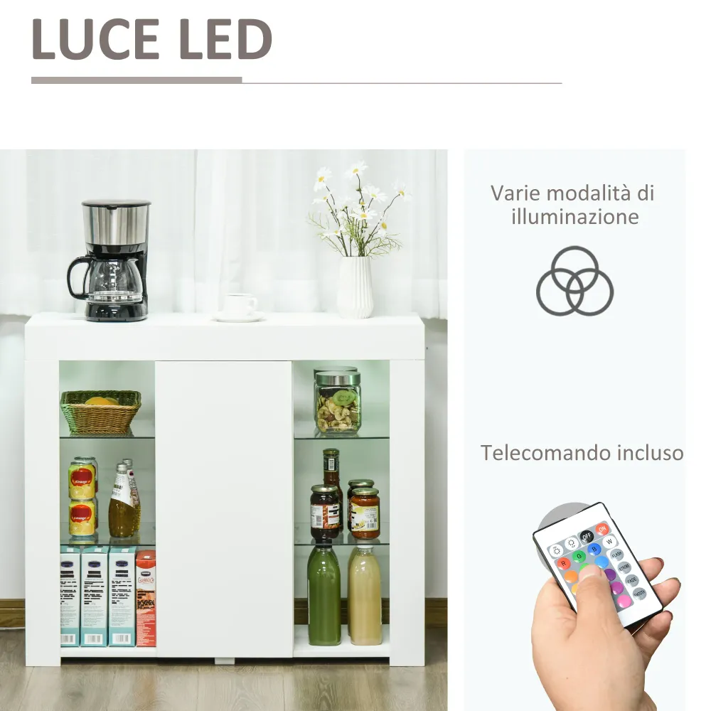 Easycomfort Credenza Moderna Anta con Luci LED e Mensole Vetro, Mobile Multiuso Legno con Finitura Lucida, 97x35x83cm, Bianco