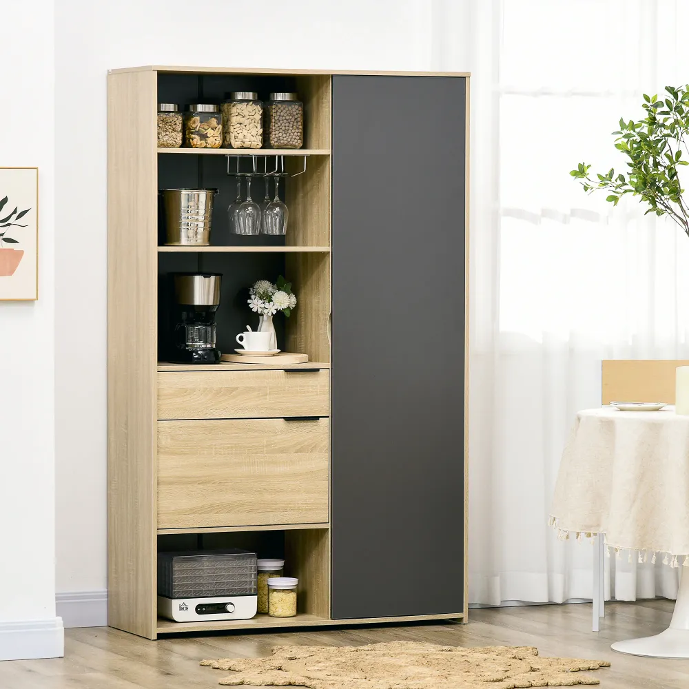 Easycomfort Credenza Moderna con Armadietto, Cassetto e Porta Calici, 110x41.5x180cm, Legno Naturale e Grigio